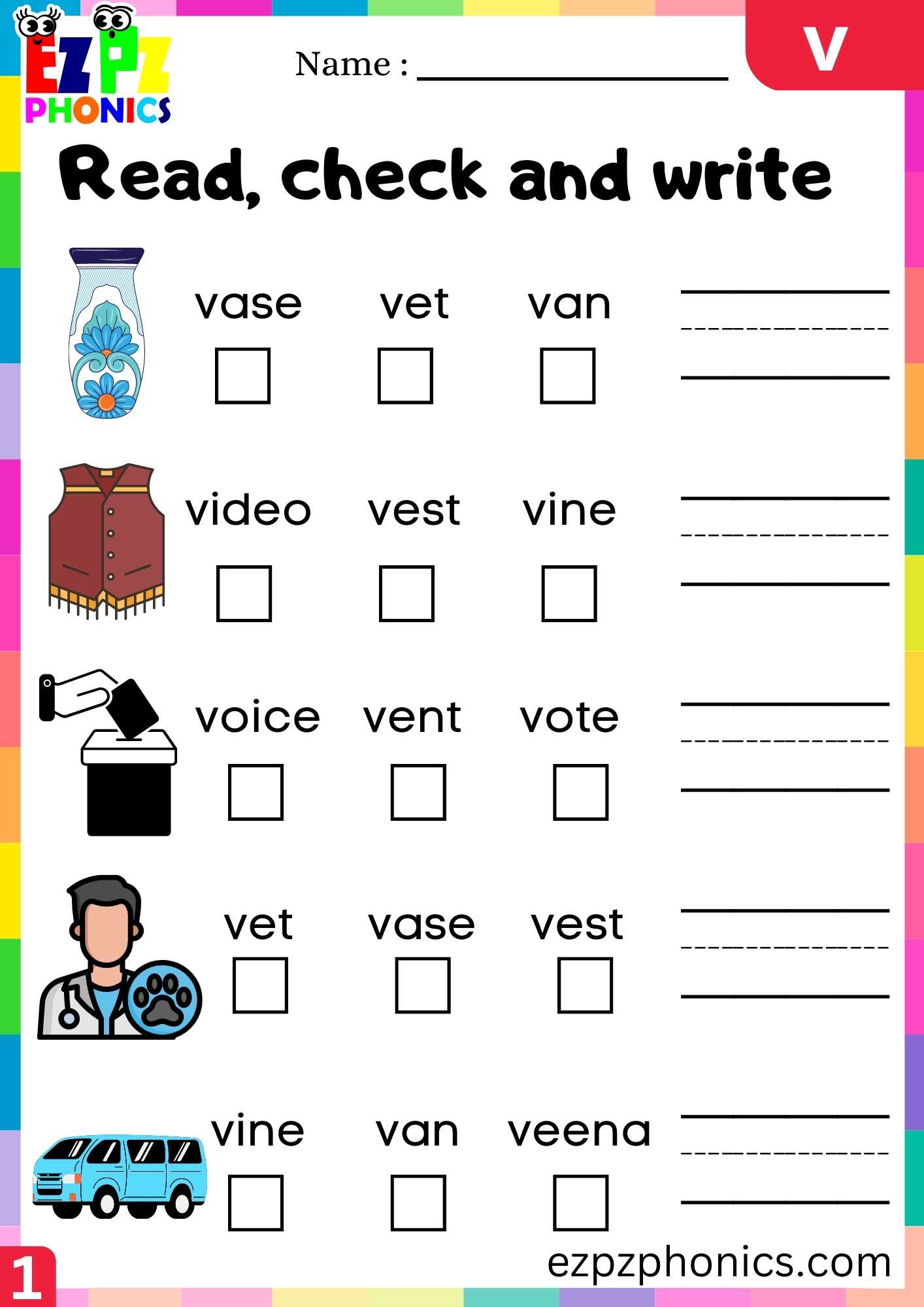 Letter V Read, Check And Write Beginning Sounds Worksheet